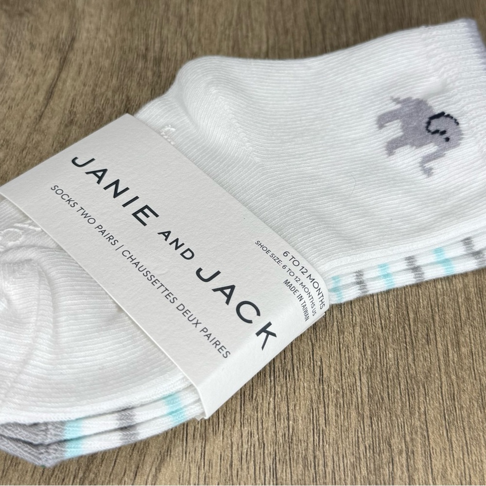 Janie and Jack White Socks with Gray Elephant Design